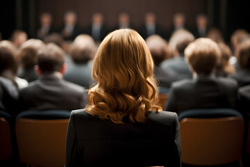 Rear view of a woman in a business conference
