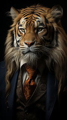Tiger dressed in an elegant and modern suit with a nice tie. Fashion portrait of an anthropomorphic animal, shooted in a charismatic human attitude.