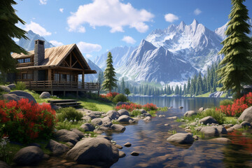 house in the mountains with beautiful scenery and the view of lake  - obrazy, fototapety, plakaty