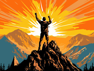 A Man Standing On A Mountain With His Arms Raised - success or champion man on mountain - obrazy, fototapety, plakaty