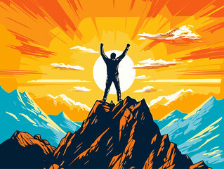 A Man Standing On A Mountain Top With His Arms Raised - success or champion man on mountain - obrazy, fototapety, plakaty