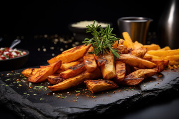 French fries - fried potatoes flying on 

