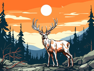 A Deer With Antlers Standing On Rocks In Front Of Trees And Mountains - vector christmas illustration of red nosed reindeer