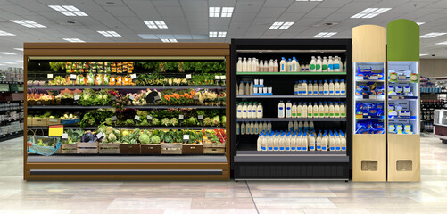 Vegetables an Dairy products in open refrigerator at supermarket. This Mockup and illustration is suitable for presenting new designs bottles and packagings among many others. - obrazy, fototapety, plakaty