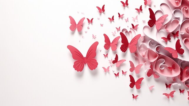 Whimsical 3D butterflies fluttering around an ornate Valentine's Day card with a simple white background.