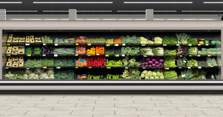 Vegetables in open open refrigerator at supermarket. Mockup and illustration is suitable for presenting new promotion designs, interior designers and architects. - obrazy, fototapety, plakaty