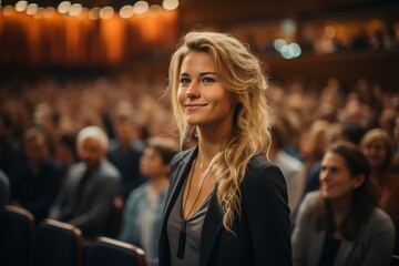 Conference spotlight: A confident female speaker takes center stage, microphone in hand, delivering an impactful presentation to a captivated audience