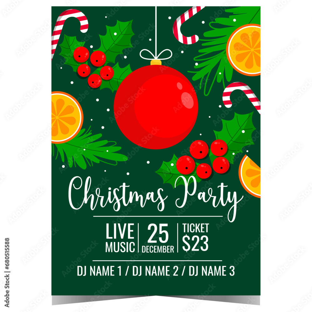 Wall mural christmas party invitation with holidays decorations as red christmas ball, holly berries and tradit