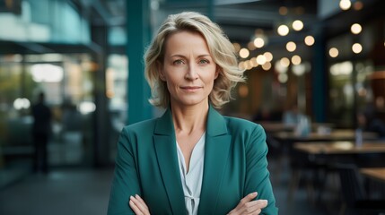 Obraz premium A confident middleaged woman exudes leadership and determination as she combats ageism in a modern corporate business office setting, symbolizing empowerment and success.