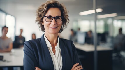 A confident middleaged woman exudes leadership and determination as she combats ageism in a modern corporate business office setting, symbolizing empowerment and success.