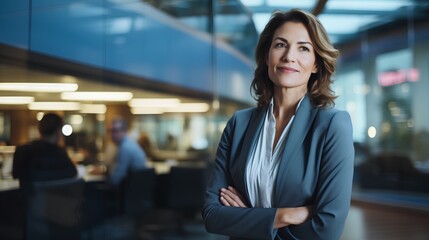 A confident middleaged woman stands in a modern corporate business office, exuding leadership and success. She represents empowerment amidst ageism and sexism in the workplace. - obrazy, fototapety, plakaty
