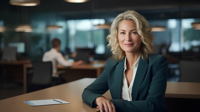 Midaged woman exudes confidence in a modern corporate business office setting, challenging workplace ageism with her successful career presence.