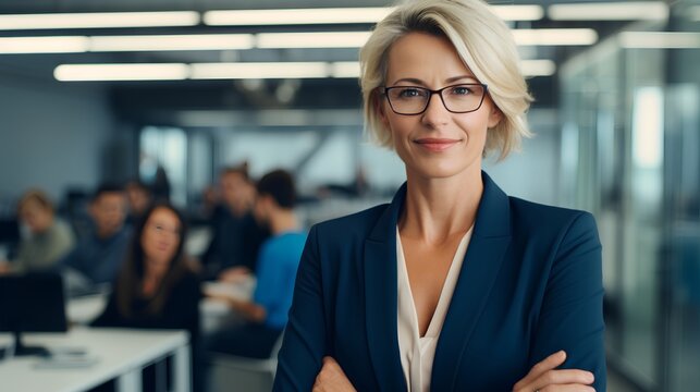 A confident middleaged woman stands in a modern corporate business office, exuding leadership and success. She represents empowerment amidst ageism and sexism in the workplace.