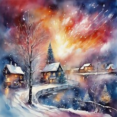 watercolor of romantic christmas landscape, intense, stylized, detailed, contemporary art