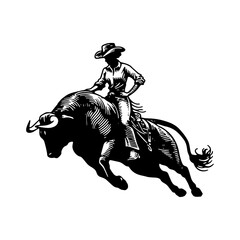 Hand Drawn Engraving - Woman Bull Rider Illustration - obrazy, fototapety, plakaty