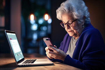 Old Woman with Phone by Laptop Computer, Online Scams Targeting Older Illustrated