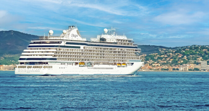 St. Tropez, France - June 9. 2016: Large luxury cruise ship Regent seven seas explorer in mediterranean sea bay on cote d azur cruise