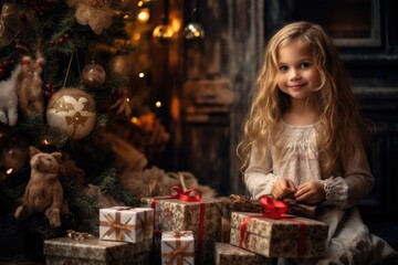 Fototapeta na wymiar Long-haired little girl with christmas gift near the fir tree on bokeh background.