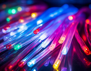 colored electric cables and led. optical fiber, intense colors, background for technology image. AI generated