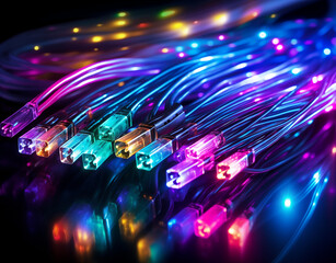 Fototapeta na wymiar colored electric cables and led. optical fiber, intense colors, background for technology image. AI generated