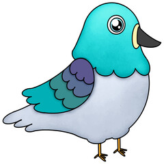 Kawaii fat pigeon with grey body and pastel wing blue pastel head and black beak