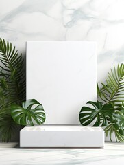 White marble Square podium in white background. decor by monstera leaves and blank Brand product mockup scene stage for product, generative ai