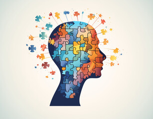 Human head profile and jigsaw puzzle, cognitive psychology or psychotherapy concept, mental health, brain problem, personality disorder, vector line design. AI generated