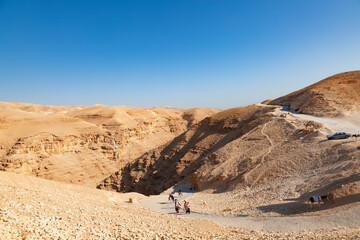 Descent into the gorge in the Judean desert on the way to the monastery of St. George. Palestine