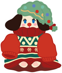 A cute little dachshund wearing a big Christmas sweater and a big hat