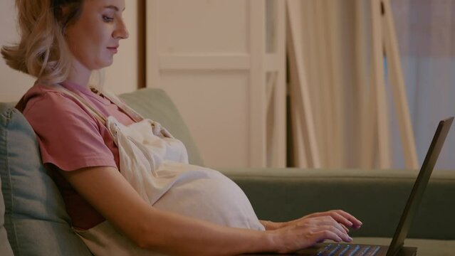 Business woman expecting child and working planning with laptop in the living room. Future mom making easy money online. Freelance and remote work.