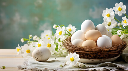 Easter eggs in a nest with flowers on a wooden table. Happy Easter card.