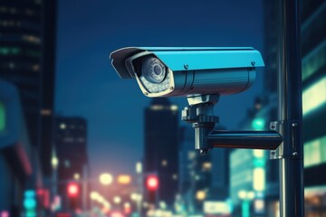 Close up futuristic CCTV security camera in street of smart city