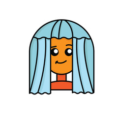 a funny character with a wig in the shape of curtains