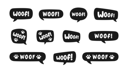 Fotobehang Woof text in a speech bubble balloon silhouette set. Cute cartoon comics dog bark sound effect and lettering. Vector illustration. © Aletheia Shade