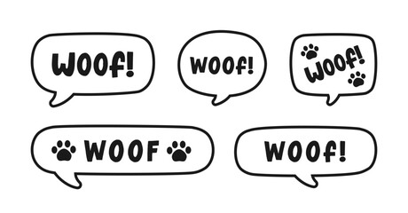 Woof text in a speech bubble balloon outline doodle set. Cute cartoon comics dog bark sound effect and lettering. Vector illustration.