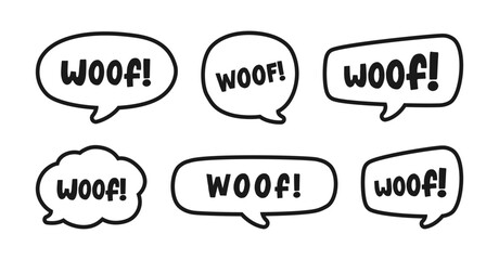 Woof text in a speech bubble balloon outline doodle set. Cute cartoon comics dog bark sound effect and lettering. Vector illustration.