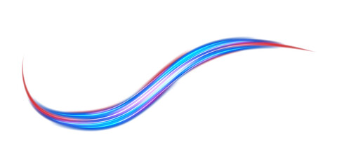 Blue and red neon wavy lines. Red blue special effect, speed police line. Magic of moving fast lines. Laser beams. Particle motion effect. Acceleration speed motion on night road. PNG.