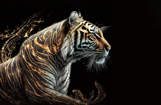 Image of tiger on dark background., Wildlife Animals.