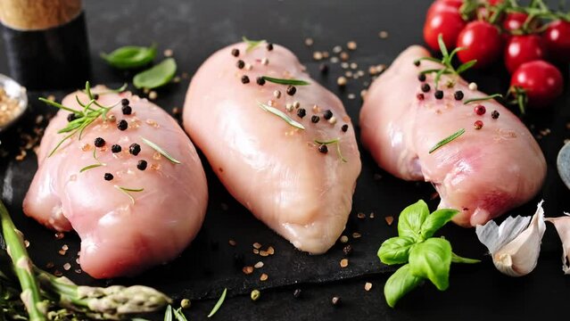 Chicken breasts. Raw meat fillet of chicken or turkey, stock video 4k