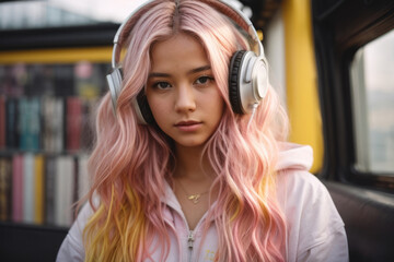 Close-up portrait of a teenage girl with pink yellow hair listening to music with headphones and looking into the camera.
