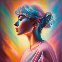 portrait of young woman with colorful hair and oil painting on the canvas. art of beauty and face. creative concept. modern art. digital painting portrait of young woman with colorful hair and oil pai