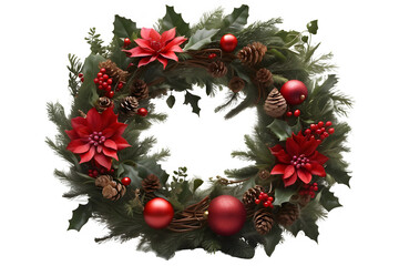 Fototapeta na wymiar Christmas wreath on white, Illustration AI Generative.