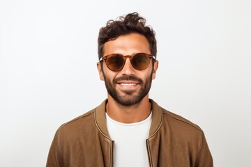 Fototapeta premium Portrait of a glad man in his 30s wearing a trendy sunglasses against a white background. AI Generation