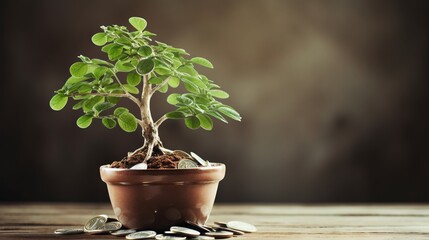 Investment income and growth are represented by a flourishing green tree planted in a pot, symbolizing the fruitful results that can stem from wise financial decisions 