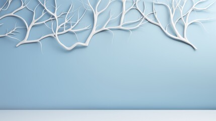 Minimalistic abstract gentle light blue background for product presentation with light and intricate shadow from tree branches on wall. 