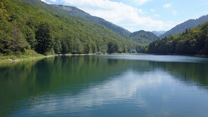 Fototapeta premium Biogradskoe lake (Aerial shot) is a glacial lake located in the inter-mountain valley of Bjelasica. Kolasin, Biogradska Gora national park. Montenegro (Europe)
