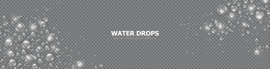 Transparent billboard with realistic 3d pure water drops or condensation on surface overlay. Panoramic banner with rain droplets or dew pattern as a frame. Aqua fresh header with place for text