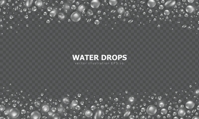 Wallpaper with realistic 3d pure water drops or condensation on surface. Widescreen banner with rain droplets or dew pattern as frame on transparent background. Aqua fresh banner with water texture - obrazy, fototapety, plakaty