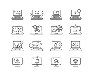 Computer Issues Icon collection containing 16 editable stroke icons. Perfect for logos, stats and infographics. Edit the thickness of the line in Adobe Illustrator (or any vector capable app). - obrazy, fototapety, plakaty