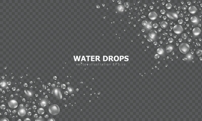 Wallpaper with realistic 3d pure water drops or condensation on surface. Widescreen banner with rain droplets or dew pattern as frame on transparent background. Aqua fresh banner with water texture - obrazy, fototapety, plakaty